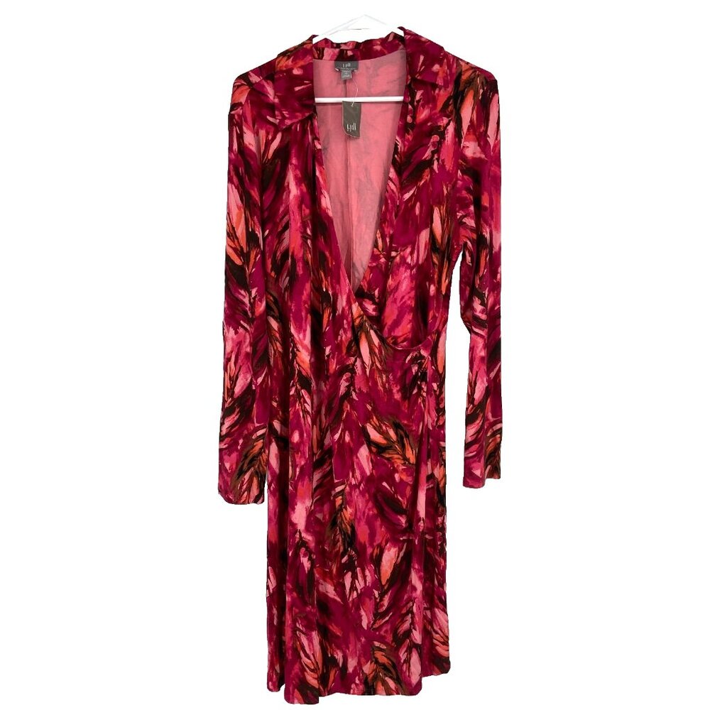 J Jill Women L Tall Floral Wrap Dress Pink Long Sleeve Stretch Wearever V Neck